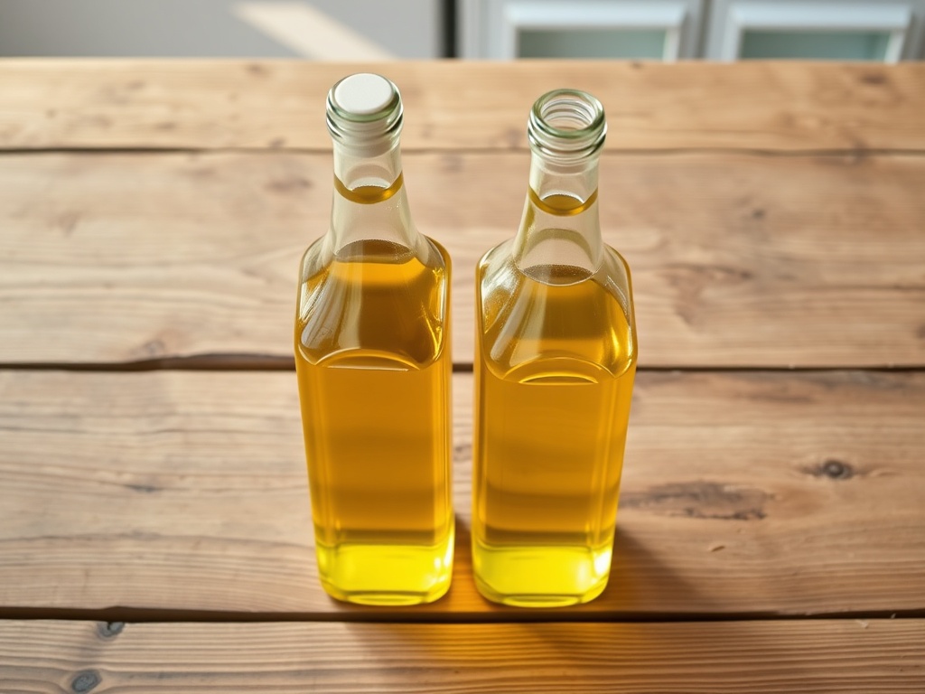 나무 테이블 위에 나란히 놓인 투명한 병에 담긴 카놀라유와 해바라기씨유의 모습