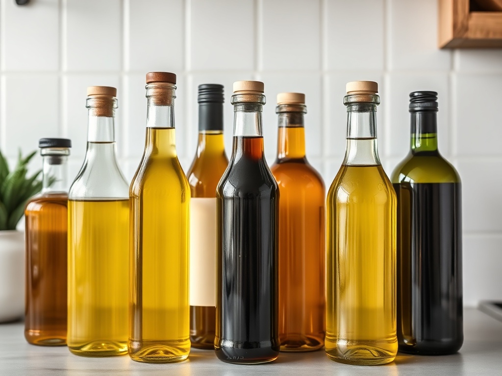 주방 선반에 나란히 놓인 다양한 종류의 정제 및 비정제 식용유 병들