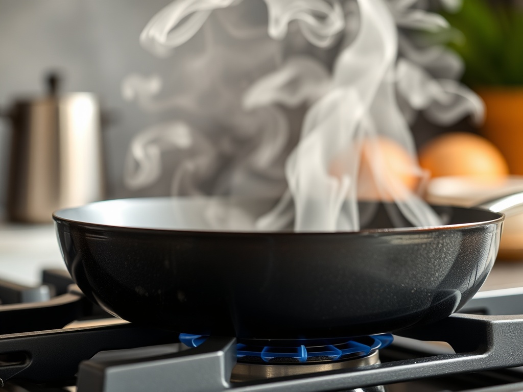 가스레인지 위에서 프라이팬이 가열되고 있는 요리 준비 장면