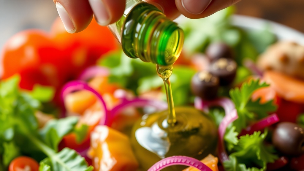 신선한 샐러드 위에 엑스트라 버진 올리브유를 뿌리고 있는 장면