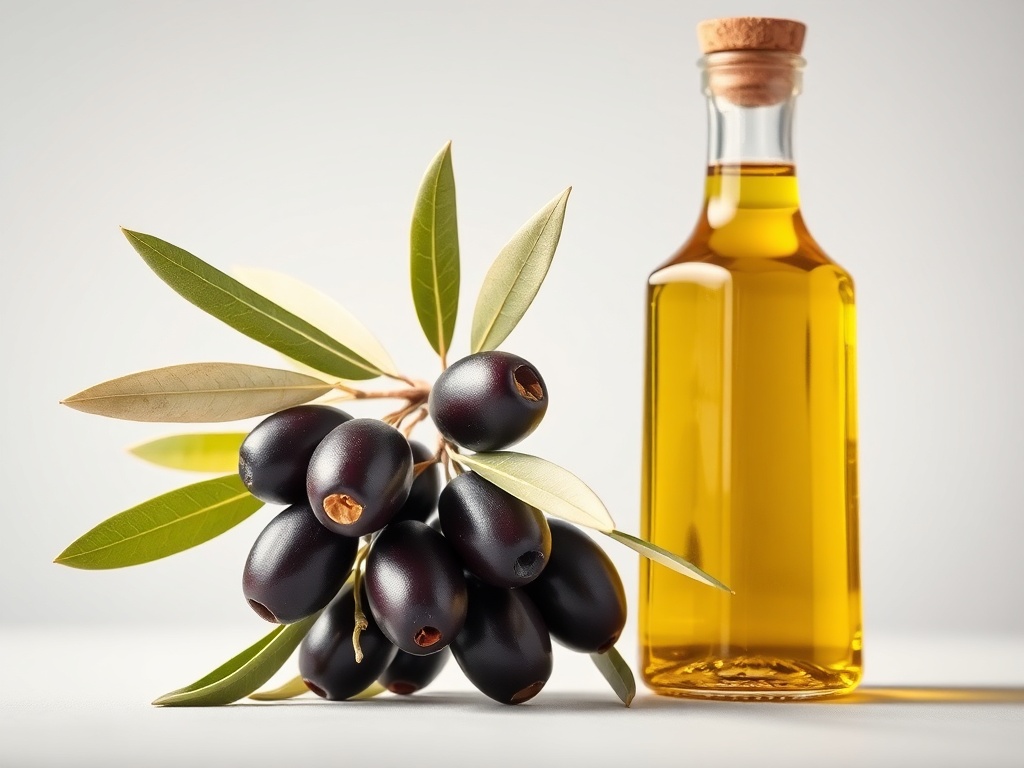 햇살 아래 잘 익은 올리브 열매와 갓 추출된 신선한 엑스트라 버진 올리브유가 담긴 유리병의 모습