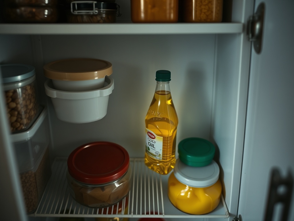 햇빛이 들지 않는 서늘한 찬장 안에 식용유를 안전하게 보관하고 있는 장면